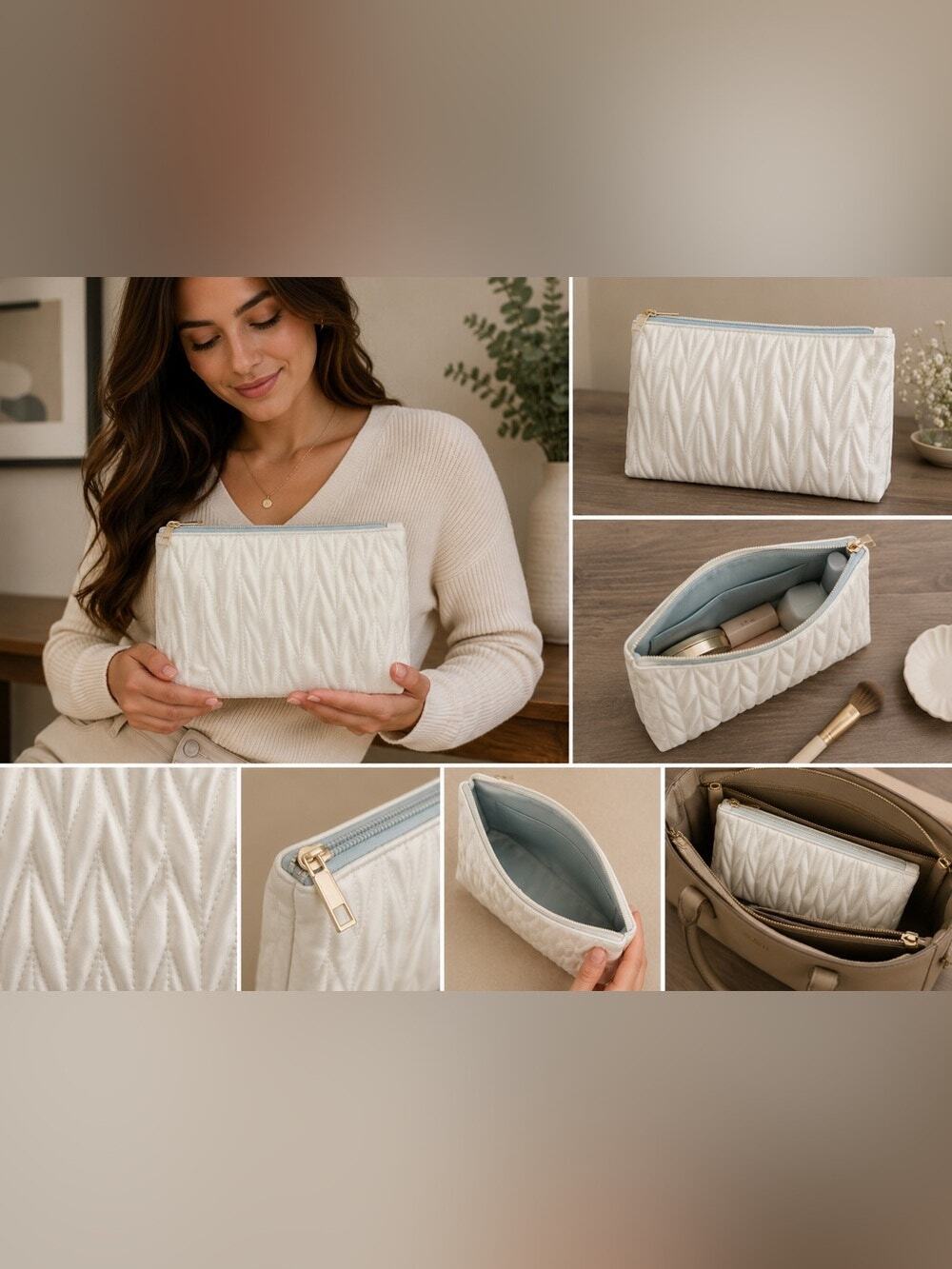 NWT A New Day Ivory Quilted Zip Pouch Clutch Cosmetic Bag Travel Organizer